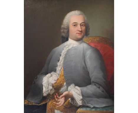 CONTINENTAL SCHOOL (XX). Portrait of a gentleman in a powder blue coat, oil on canvas, gilt framed, 88 x 69 cm 