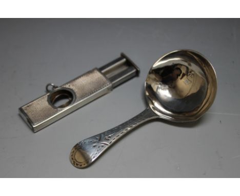 A HALLMARKED SILVER CADDY SPOON - LONDON 1797, makers mark indistinct but possibly Peter and Ann Bateman, together with a hal