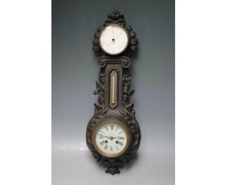 A FRENCH LATE 19TH CENTURY CAST WALL CLOCK/ BAROMETER, with cast foliate detail to the case, H 58 cm