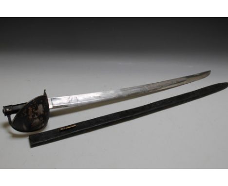 A NAVAL CUTLASS WITH BLACK LEATHER SCABBARD, blade L 67 cm, overall L 89 cm