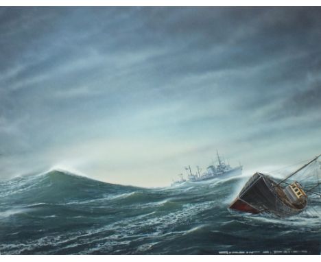 GORDON G. DAVIES (1926-2007). A stormy seascape with boats in a swell, signed lower right, mixed media on paper, framed and g