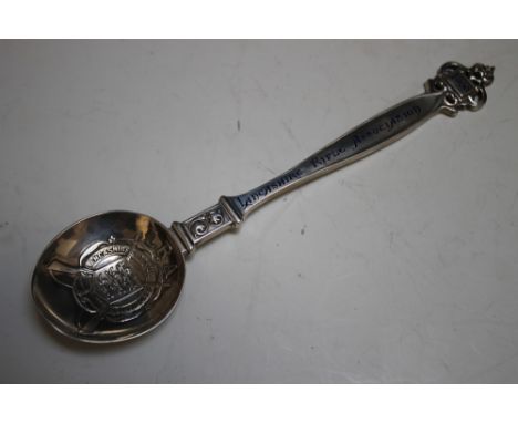 A LANCASHIRE RIFLE ASSOCIATION HALLMARKED SILVER PRESENTATION SPOON BY ELKINGTON & CO - BIRMINGHAM 1909, with enamel detailin