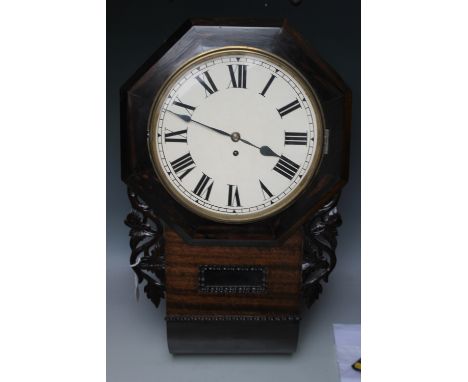 AN ANTIQUE MAHOGANY AND ROSEWOOD/COROMANDEL DROP DIAL WALL CLOCK WITH SINGLE FUSEE MOVEMENT, the 12'" enamel dial with Roman 
