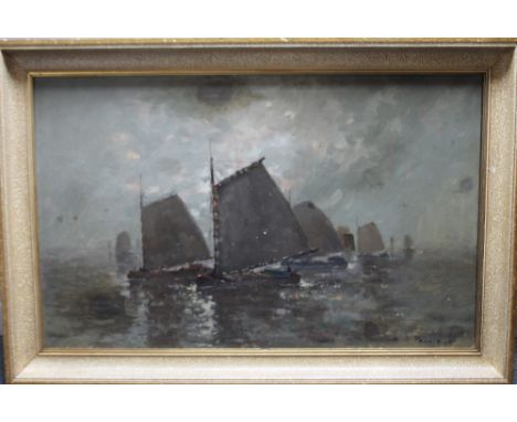 A 20TH CENTURY IMPRESSIONIST MISTY SEASCAPE, with sailing vessels and figures, signed lower right, oil on canvas, framed, 63 