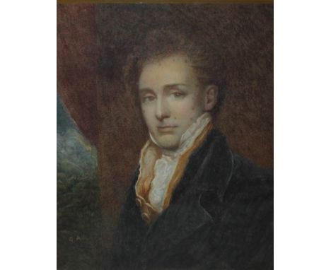 S.A. Nineteenth century English school, portrait study of a young Georgian gentleman, landscape beyond, signed with initials 
