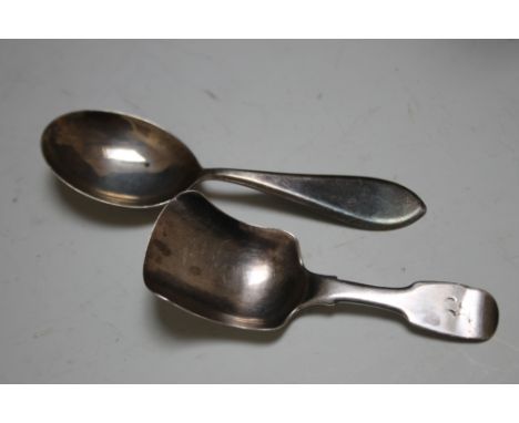 A HALLMARKED SILVER SHOVEL CADDY SPOON BY GEORGE UNITE - BIRMINGHAM 1848,  together with another caddy stamped 'STERLING' (2)