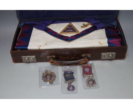 THREE HALLMARKED SILVER AND ENAMEL  BUFFALO LODGE MEDALS,  together with a leather case of Buffalo regalia