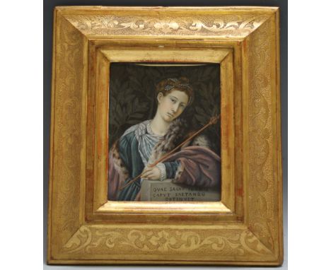 A 19TH CENTURY PORTRAIT MINIATURE ON IVORY, study of a young woman in Tudor dress with Latin inscription 'QVAE SACRV IOANIS C