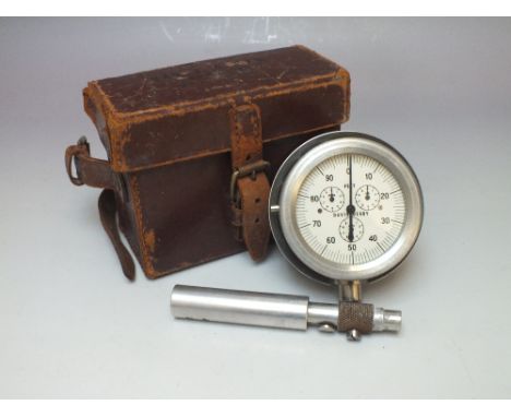 A LEATHER CASED WIND ANEMOMETER BY DAVIS OF DERBY, 6 cm dial, for velocities over 30 feet per second, original leather case