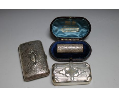 A CASED HALLMARKED SILVER PERFUME BOTTLE BY SAMPSON MORDON CO - LONDON 1889, together with a small cigarette case dated Birmi