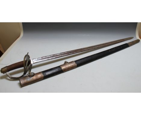 AN 1813 PATTERN FRENCH HEAVY CAVALRY SWORD WITH LEATHER AND METAL SCABBARD, blade L 95 cm, overall L 116 cm