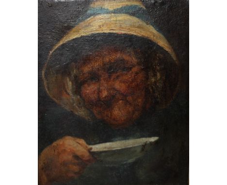 ATTRIBUTED TO WALTER LANGLEY (1852-1922). Portrait study of fishwife with bowl, bears signature on canvas verso, oil on canva