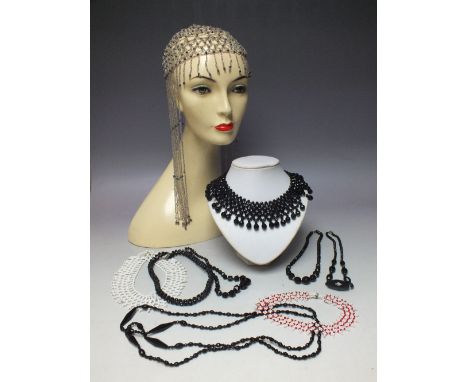 A VINTAGE STYLE BEAD HEADDRESS, together with a selection of vintage bead necklaces to include a collarette example (9)