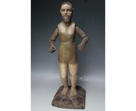 A LATE 18TH / EARLY 19TH CENTURY PAINTED POLYCHROME CARVED WOODEN BEARDED MANNEQUIN, with moveable arms and glass eyes, H 67 