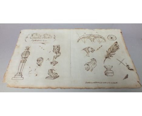 EDWARD KNOTT. Two pages of sketches of mainly decorative architectural items, signed upper left and dated 1655, pen and ink o