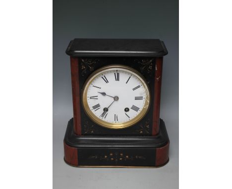 A 19TH CENTURY FRENCH MARBLE MANTEL CLOCK, the 7'" enamel dial with Roman numerals, the case with red marble panels and gilt 