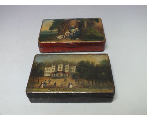 TWO VINTAGE TOLEWARE LIDDED BOXES, with figural and landscape images to the hinged lids, approx. 13 x 8 x 2.5 cm (2)