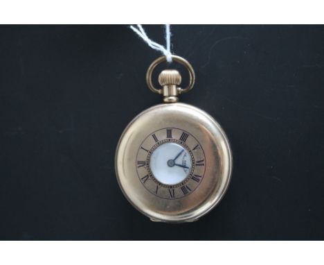 A GOLD PLATED MANUAL WIND HALF HUNTER POCKET WATCH, Dia 5cmCondition Report:missing interior glass