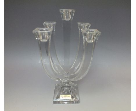 A NACHTMANN FIVE BRANCH CRYSTAL GLASS CANDELABRA, with original label and etched signature to base, H 28 cm
