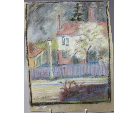 CIRCLE OF VANESSA BELL (1879-1961). An evening street scene with lamp post, bears signature lower left, pastel on paper, unfr