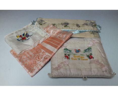A LATE 19TH CENTURY QUEEN VICTORIA DIAMOND JUBILEE COMMEMORATIVE SCARF, approximately 61 x 59 cm, together with an embroidere