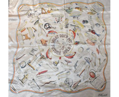 A SMALL COLLECTION OF LADIES VINTAGE SCARVES, to include a vintage 'Thirkell' example 'What Does My Future Hold?', together w