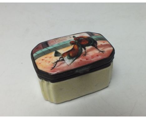A 19TH CENTURY STYLE ENAMEL SNUFF BOX, with image of fighting cocks to hinged lid, W 5.2 cm