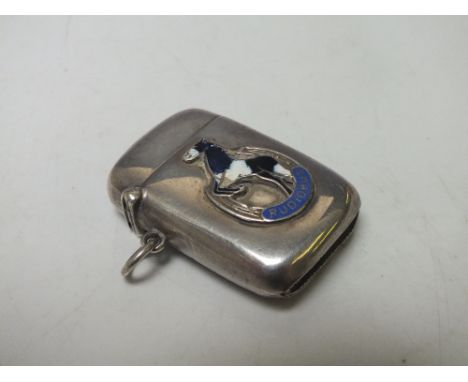 A HALLMARKED SILVER AND ENAMEL VESTA - BIRMINGHAM 1898, having enamel Rudiobus' badge of a prancing horse, H 5 cm 