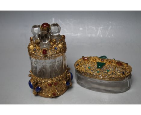 A 'JEWELLED' THREE SECTION SCENT BOTTLE, having filigree style gilt metal mounts set with polished cabochon stones, together 