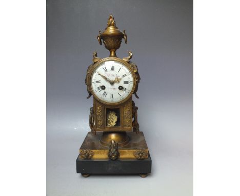 A 19TH CENTURY FRENCH GILT MANTLE CLOCK, the enamel dial marked D.F. Dubois and A. Paris, having Roman numerals and outer min