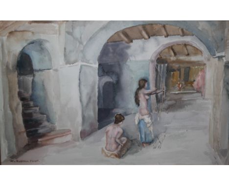 CIRCLE OF SIR WILLIAM RUSSELL FLINT (1880-1969). Two semi-nude women in cellar vaults one with bow and arrow, bears signature