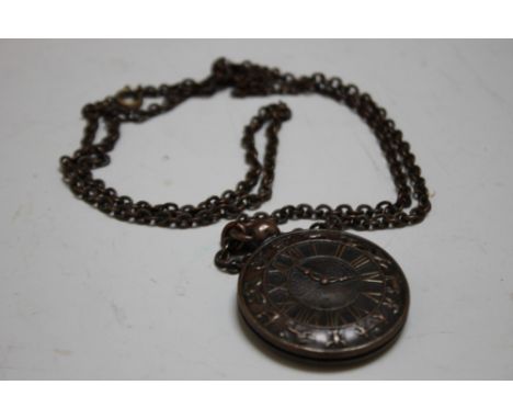 A NOVELTY PIN CUSHION IN THE FORM OF A POCKET WATCH ON CHAIN, Dia 4.25 cm