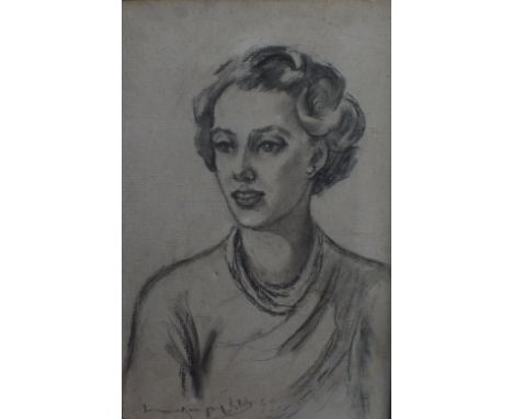 A 20TH CENTURY PORTRAIT STUDY OF A YOUNG WOMAN, indistinctly signed and dated lower left, charcoal on canvas, framed, 55 x 37