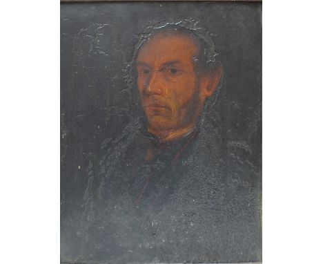A 19TH CENTURY PORTRAIT STUDY OF A GENTLEMAN, unsigned, oil on panel (heavily bitumenised), framed, 43 x 34 cm