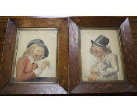 A PAIR OF LATE 18TH / EARLY 19TH CENTURY NAIVE PORTRAIT STUDIES OF MALE FIGURES, one counting money, the other with a pipe, u
