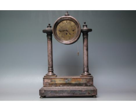 A SILVER PLATED GRAND SONNERIE PORTICO CLOCK,  for restoration, the three train movement striking on two bells, the circular 