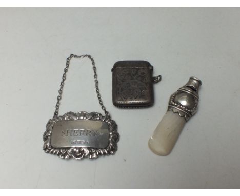 A HALLMARKED SILVER VESTA CASE - BIRMINGHAM 1920, together with a hallmarked silver 'Sherry' decanter label and a hallmarked 