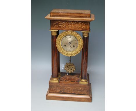 A LATE 19TH CENTURY ROSEWOOD INLAID PORTICO CLOCK, the case inlaid with satinwood decoration, the French movement supported o