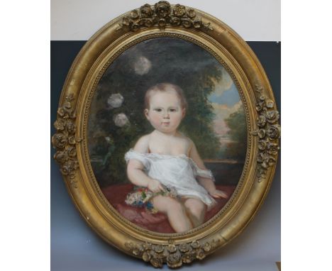 E MAYER (XX). Portrait of a young girl, signed lower right and dated 1853, oil on canvas, oval, floral gilt frame, 60 x 49 cm