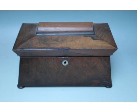 A 19TH CENTURY ROSEWOOD TEA CADDY, of sarcophagus form, raised on squat bun feet, minus interior, W 31 cm  S/DCondition Repor