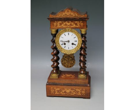 A LATE 19TH CENTURY ROSEWOOD INLAID PORTICO CLOCK, the French movement stamped to the back and marked Valery-Paris, supported