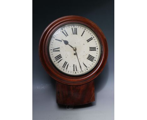 A 19TH CENTURY MAHOGANY CASED DROP DIAL WALL CLOCK WITH SINGLE FUSEE MOVEMENT, the enamel dial with Roman numerals, pendulum,