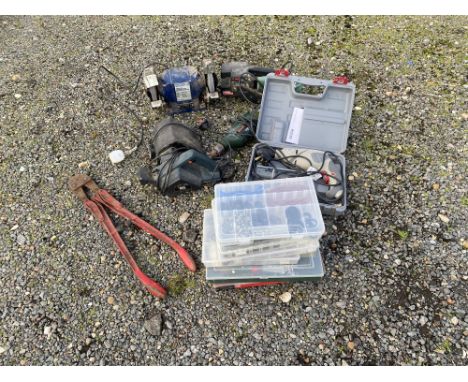 Assorted electrical tools and accessories to include Bosch Drill and sander. Please note this lot has the standard Ewbank's s