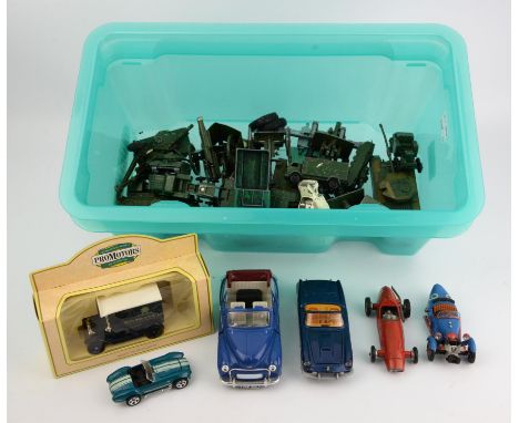 Airfix tanks, Lesney Centurion tank, Britains Ltd military vehicles, Dinky toys, Solido Maserati 250 red racing car and a cor