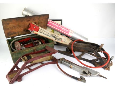 Collection of Vintage equipment - To include British Goodrich wood Milne foot pump (in wooden box), Juplex Kismet master foot