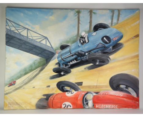 Dereck Anthony Brooks, 1935 B.R.D.C. 500 mile race on the lip of the ban ring, oil on canvas, signed and dated 92, unframed, 