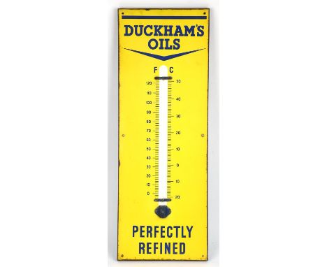 Duckhams Oils Perfectly Refined Thermometer Enamel Sign, 33x91cm.  Please note this lot has the standard Ewbank's standard bu