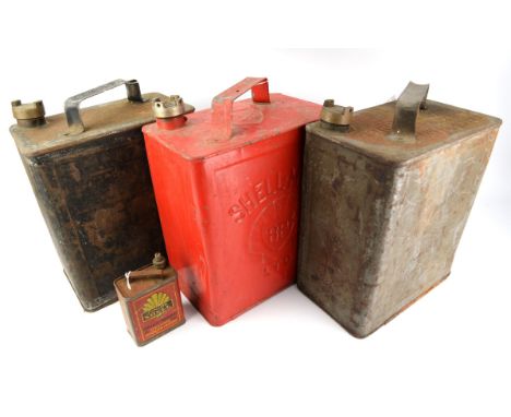 Three Vintage Petrol Cans - To include Shell-Mex BP red can and two others (H28cm), As well as a Shell Junior tin (H10cm), al