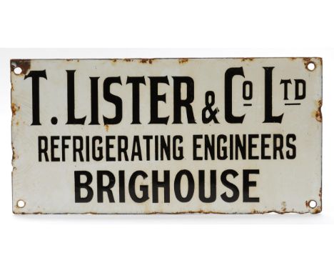 Advertising - a rectangular shaped single sided enamel sign, black lettering on a white ground, 'T.LISTER &amp; CO LTD, REFRI