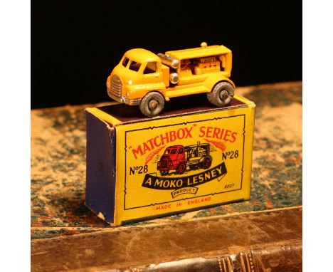 Matchbox '1-75' series diecast model 28a Bedford compressor, orange/deep yellow body, silver grille, unpainted metal wheels, 